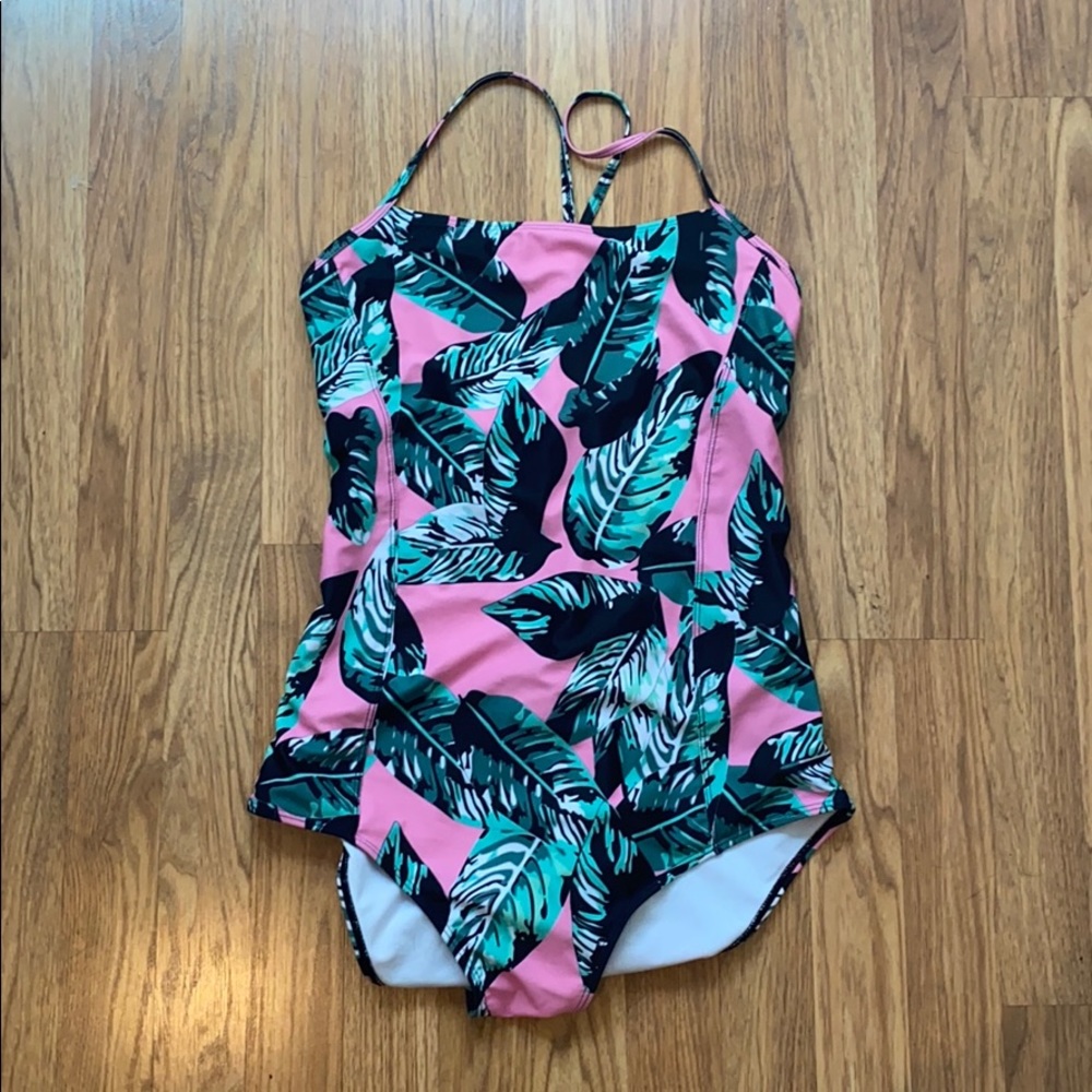 Pink and Green Palm Leaf One Piece Swimsuit